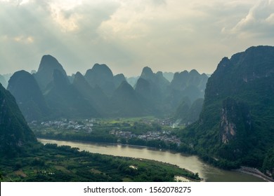 Sunset scenic view from Laozhai Mountain (Laozhai Shan),near Xingping, a small town on the Li River between Guilin and Yangshuo,Guangxi,China