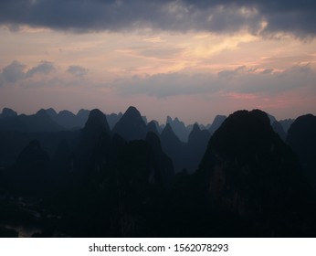 Sunset scenic view from Laozhai Mountain (Laozhai Shan),near Xingping, a small town on the Li River between Guilin and Yangshuo,Guangxi,China