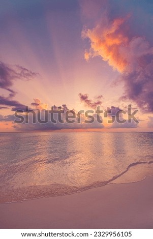 Sunset sea sand beach waves closeup. Panoramic travel landscape. Inspire tropical island coast seascape horizon, fantastic sky clouds sun rays. Colorful summer sunrise background, relax calm peace bay