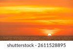Sunset Sea, Sky clouds sun dawn over sea and fishing boat in the Evening with Orange, Yellow Gold sunlight in Golden hour and Dramatic fluffy, Horizon sea Summer Red sky landscape, Dusk sky background