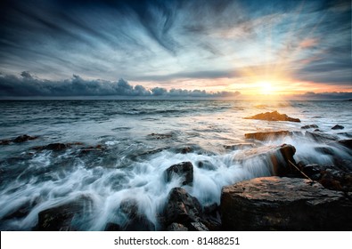 Sunset At Sea. Storm. Seascape.