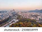 Sunset in Seoul. Aerial Cityscape. South Korea. Skyline of City. Seocho District. Park in Background