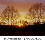 Sunset setting though silhoutted trees in The Great Smoky Mountains National Park in Tennessee in the United States