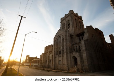 Sunset shines on the historic central core of downtown Gary, Indiana, USA.