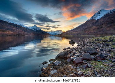 Sunset from the shores of Loch Leven near Kinlochleven in the Highlands of Scotland