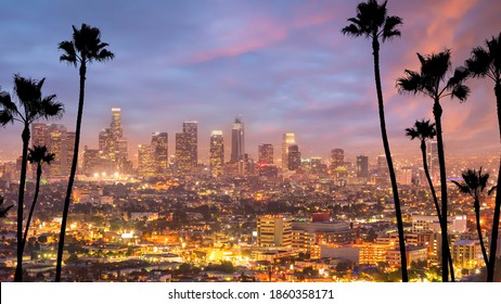 Sunset shot of Los Angeles downtown skyline cityscape in CA, USA