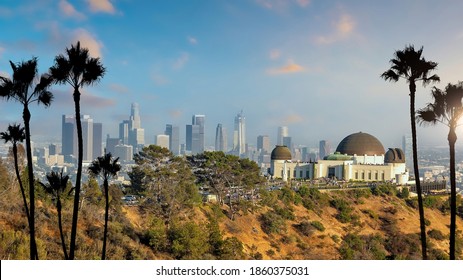 Sunset shot of Los Angeles downtown skyline cityscape in CA, USA
