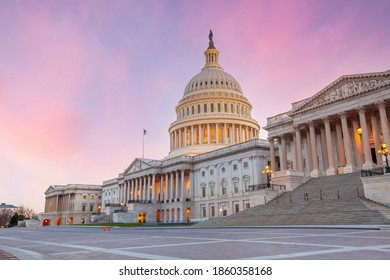 Sunset Shot Of The United States Capitol Building In Washington, DC. USA American Landmark 