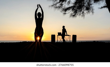 Sunset silhouette frames two figures at the beach. One stands tall, arms raised, bathed in golden glow. Another sits at a table, quiet and contemplative. Branches above complete the peaceful