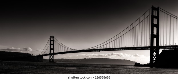 Sunset Silhouette  Panoramic View Of The Golden Gate Bridge.