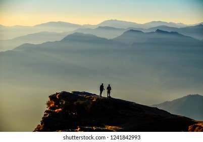 Sunset and Silhouettes during the trekking of Tungnath temple in India during winter