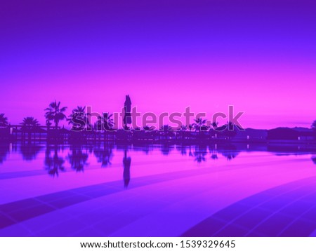 Sunset with silhuettes palm and reflection in swimming pool. Violet gradient background.