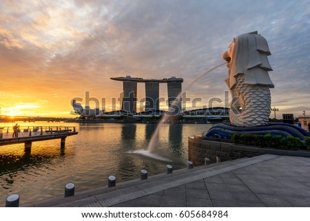 Sunset of Singapore Skyline. Singapore`s business district, blue sky and night view for marina bay
