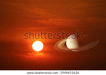 sunset sky back on red cloud and colse up to rings of saturn planet, Elements of this image furnished by NASA