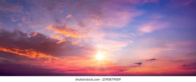 Sunset sky background. Panoramic view of sunset sky.