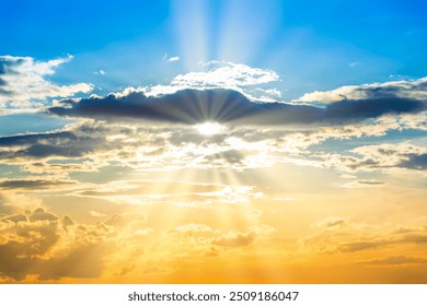 Sunset sky background with sun and sunset clouds