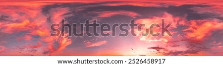 Sunset sky with bright glowing pink Cumulus clouds. Seamless spherical HDR 360 panorama. Full zenith or sky dome in 3D, sky replacement for aerial drone panoramas. Climate and weather change.