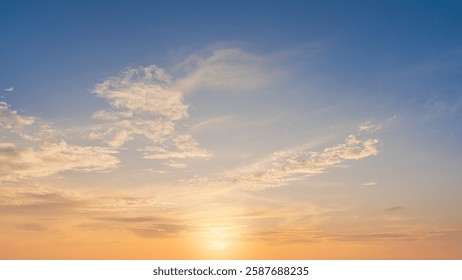 Sunset sky cloud background, Evening dramatic dusk sky cloud with Orange, Yellow, Blue sunlight in Summer season or Horizon morning Sunrise sky and colorful golden hour beautiful nature sweet Sunshine