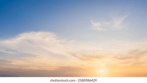 Sunset sky cloud in the evening with sun dawn Golden hour, Orange, Yellow sunlight horizon summer sky landscape backgrounds, Dusk  