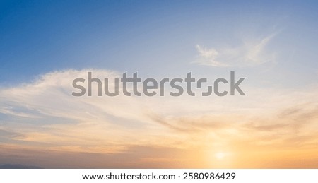 Sunset sky cloud in the evening with sun dawn Golden hour, Orange, Yellow sunlight horizon summer sky landscape backgrounds, Dusk  