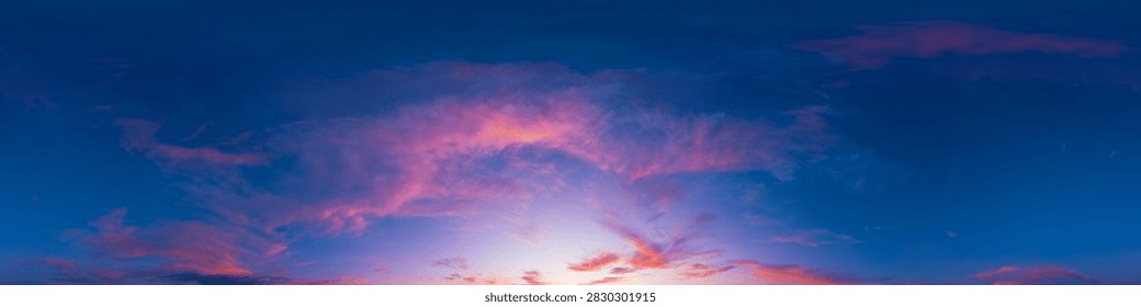 Sunset sky clouds featuring dramatic pink and purple clouds stretching across a dark blue panoramic sky with copy space