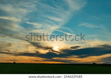 sunset, sky, field, clouds, evening, nature, maedow, orange, teal and orange, landscape, background, wallpaper, sun