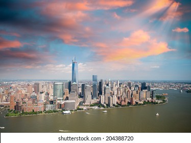 Sunset sky over Manhattan - Aerial view from Helicopter.