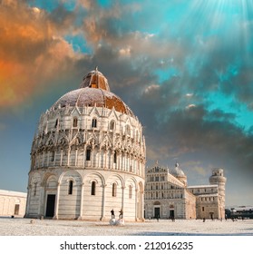 Sunset Sky Over Pisa Baptistery - Miracles Square In Winter.