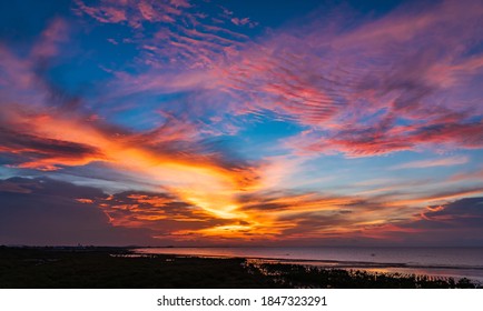 Sunset sky over sea in the evening with colorful sunlight