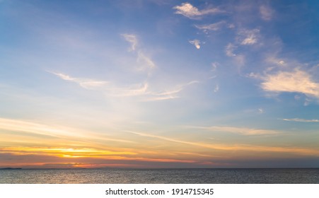 Sunset Sky Over Sea In The Evening With Romantic Colorful Orange Sunlight Cloud, Dusk Sky Background 