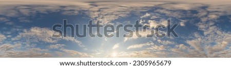Sunset sky panorama with bright glowing pink Cirrus clouds. Seamless hdr 360 panorama in spherical equirectangular format. Full zenith for 3D visualization, sky replacement for aerial drone panoramas