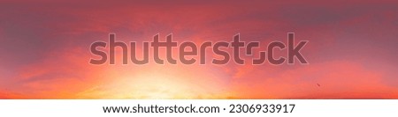 Sunset sky panorama with bright glowing pink Cirrus clouds. HDR 360 seamless spherical panorama. Full zenith or sky dome for 3D visualization, sky replacement for aerial drone panoramas.