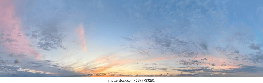 Sunset sky panoramic background. Horizon atmosphere cloudscape skyline with cloud