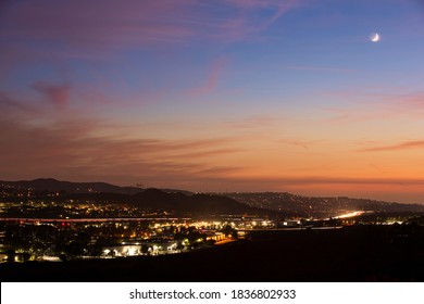 Sunset Skyline View Of The Anaheim Hills Area Of Anaheim, California, USA.