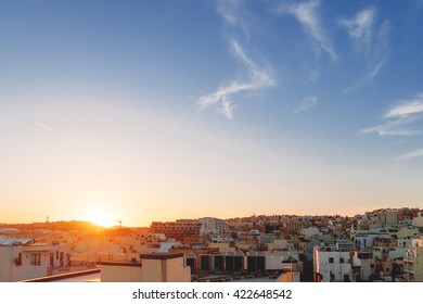 Sunset In Sliema. Malta. Cityscape With Clear Sky.