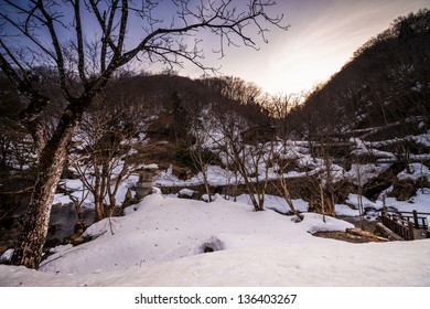 Sunset In Snow Scene Of Takaragawa Onsen, Gunma, Japan.