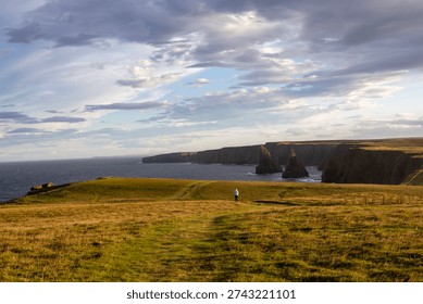 Sunset at Stacks of Duncansby, with a single distant tourist standing on a lush green and golden grass at Duncansby Head, John or 'Groats, Caithness, Scotland, United Kingdom
