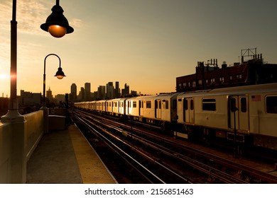 Sunset Subway Train In Sunnyside Queens. 