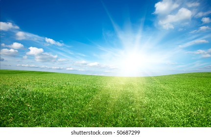 Sunset Sun And Field Of Green Fresh Grass Under Blue Sky