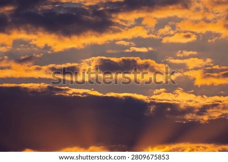 Sunset sun rays radiating behind low cloud layer on horizon.