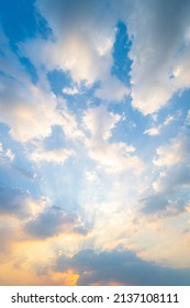 Sunset Or Sun Rise Sky With Rays Of  Light Shining Clouds And Sky Background And Texture