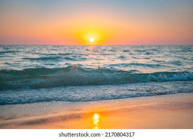 Sunset Or Sunrise. Ocean Beach. Bright Sea Sunset. Colorful Seascape. Florida Summer Vacation. Beautiful Tropical Background. Good For Travel Agency, Post Card. High Resolution Photo. Sea Waves.