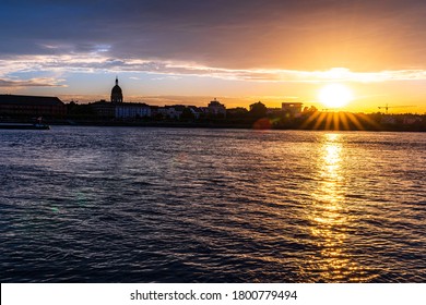 Sunset And Sunrise Over Mainz-Kastel Bridge - Mainz Germany 