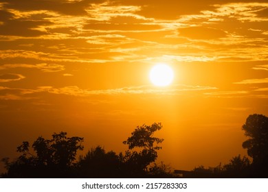 Sunset or sunrise in a spring field with shadows grass, willow trees and cloudy sky. Sunbeams making their way through the clouds. soft focus sunset on orange sky. image of natural.