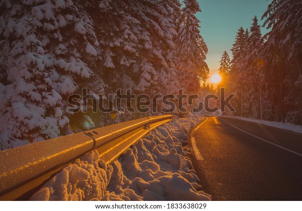 Sunset or sunrise in a thick\
forest with trees covered with snow and asphalt road winding\
through it. Beautiful winter morning in forest, winter\
roadtrip.