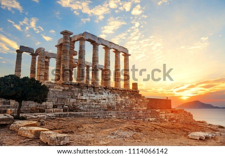 Sunset at Temple of Poseidon near Athens, Greece.