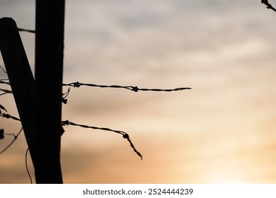 the sunset through the broken barbed wire