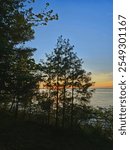 a sunset through the trees looking over a lake in michigan