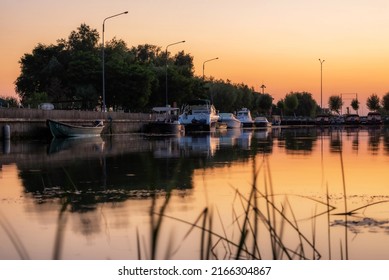 Sunset time in the port of Sfantu Gheorghe. Located in Danube Delta, Dobrogea, Romania.