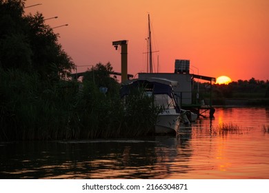 Sunset time in the port of Sfantu Gheorghe. Located in Danube Delta, Dobrogea, Romania.